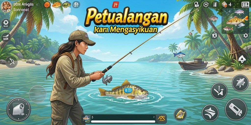 Screenshot gameplay 234E dengan pemandangan indah dan aksi memancing seru.