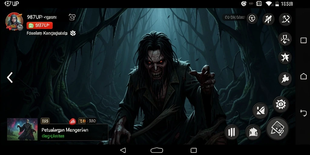 Screenshot gameplay 987UP yang menampilkan suasana menakutkan dan kegelapan.
