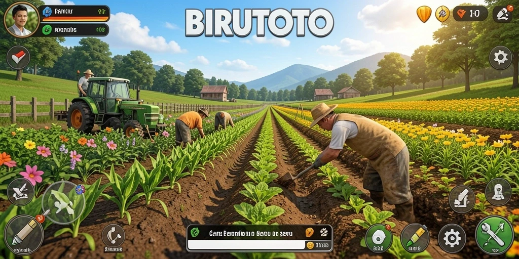 Gameplay BIRUTOTO menampilkan keseruan bertani yang mendebarkan.