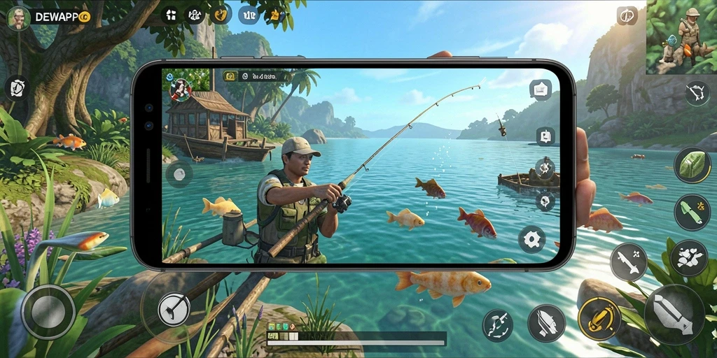 Screenshot DEWAPG memperlihatkan momen seru saat memancing ikan besar.