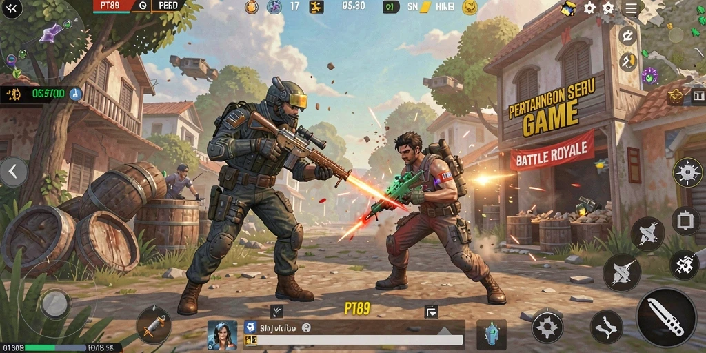 Tangkapan layar utama PT89 menampilkan aksi seru dalam pertempuran Battle Royale.