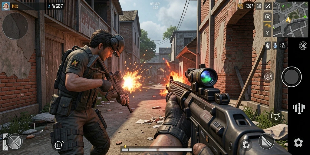Screenshot WG87 menunjukkan aksi menegangkan dalam pertempuran FPS.